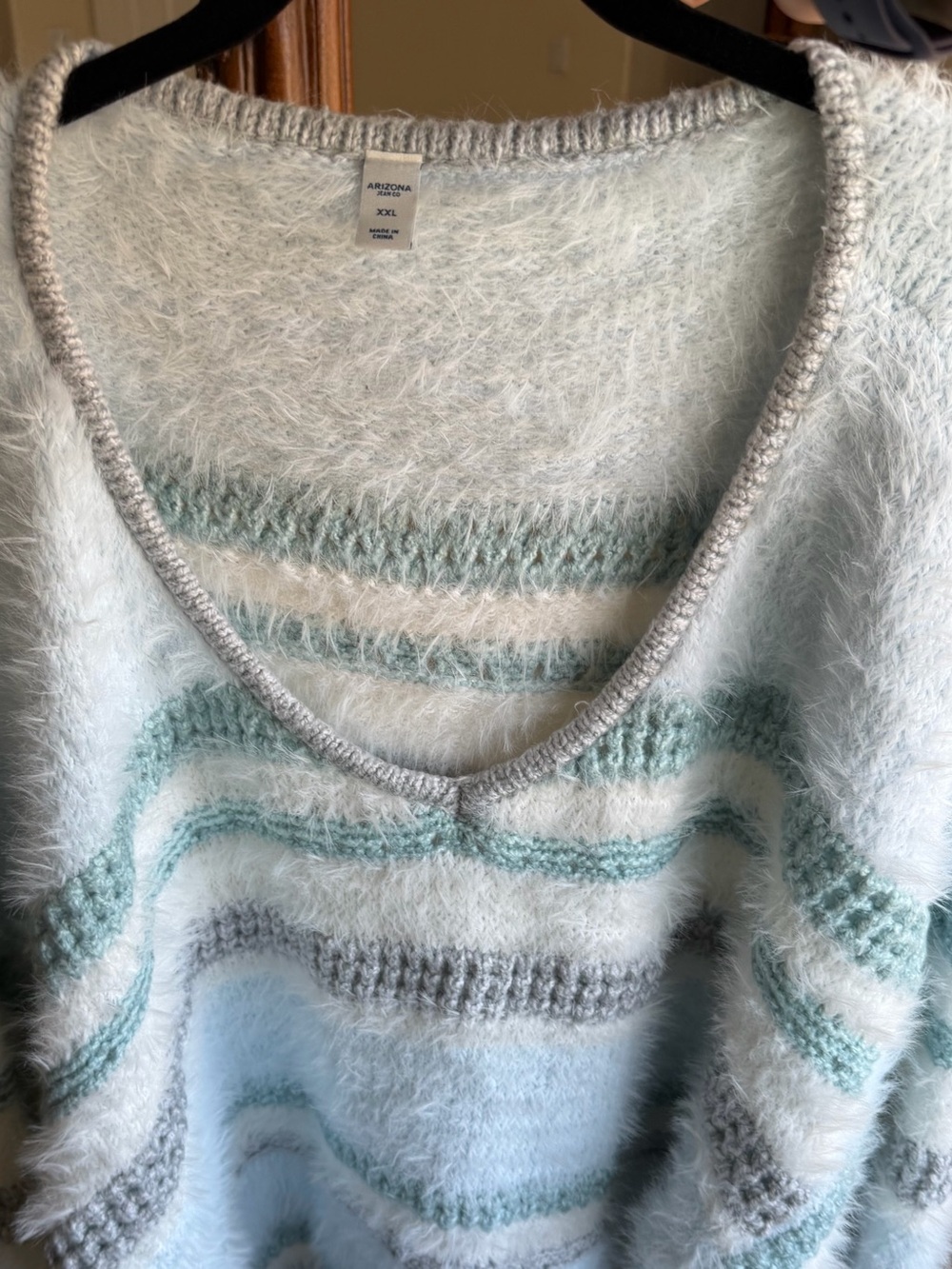 Arizona Jean Co Fuzzy V-Neck Oversized Sweater in Light Blue, Mint & Gray XXL
